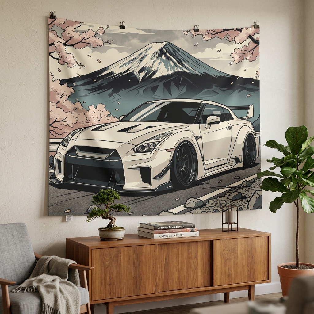 Nissan R35 GTR Car Wall Art Tapestry Mount Fuji
