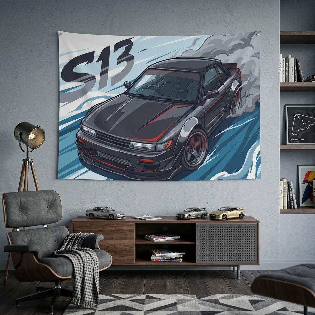Nissan Silvia S13 Dark Grey Red Pinstripe Aerial Bold Graphic Car Wall Art Tapestry