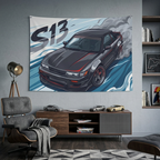 Nissan Silvia S13 Dark Grey Red Pinstripe Aerial Bold Graphic Car Wall Art Tapestry