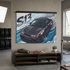 Nissan Silvia S13 Dark Grey Red Pinstripe Aerial Bold Graphic Car Wall Art Tapestry