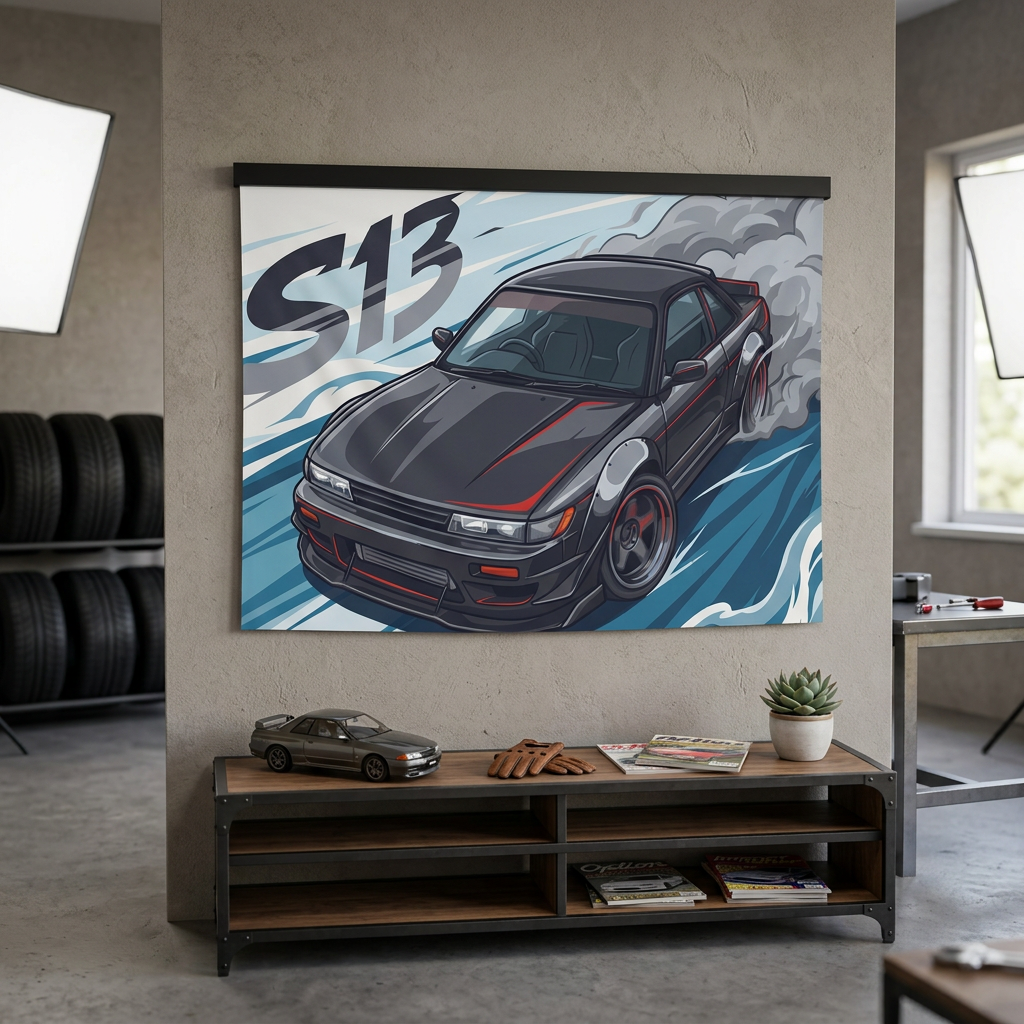 Nissan Silvia S13 Dark Grey Red Pinstripe Aerial Bold Graphic Car Wall Art Tapestry