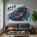 Nissan Silvia S13 Dark Grey Red Pinstripe Aerial Bold Graphic Car Wall Art Tapestry