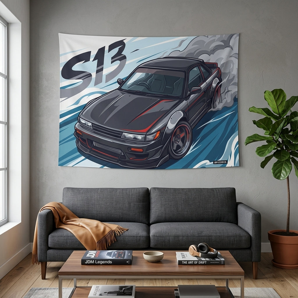 Nissan Silvia S13 Dark Grey Red Pinstripe Aerial Bold Graphic Car Wall Art Tapestry