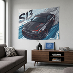 Nissan Silvia S13 Dark Grey Red Pinstripe Aerial Bold Graphic Car Wall Art Tapestry