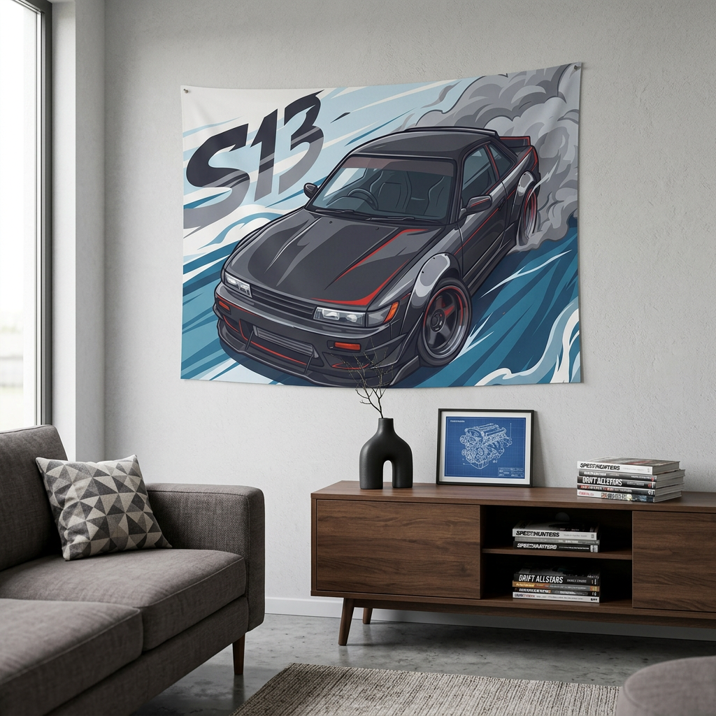 Nissan Silvia S13 Dark Grey Red Pinstripe Aerial Bold Graphic Car Wall Art Tapestry