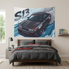 Nissan Silvia S13 Dark Grey Red Pinstripe Aerial Bold Graphic Car Wall Art Tapestry