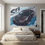 Nissan Silvia S13 Dark Grey Red Pinstripe Aerial Bold Graphic Car Wall Art Tapestry