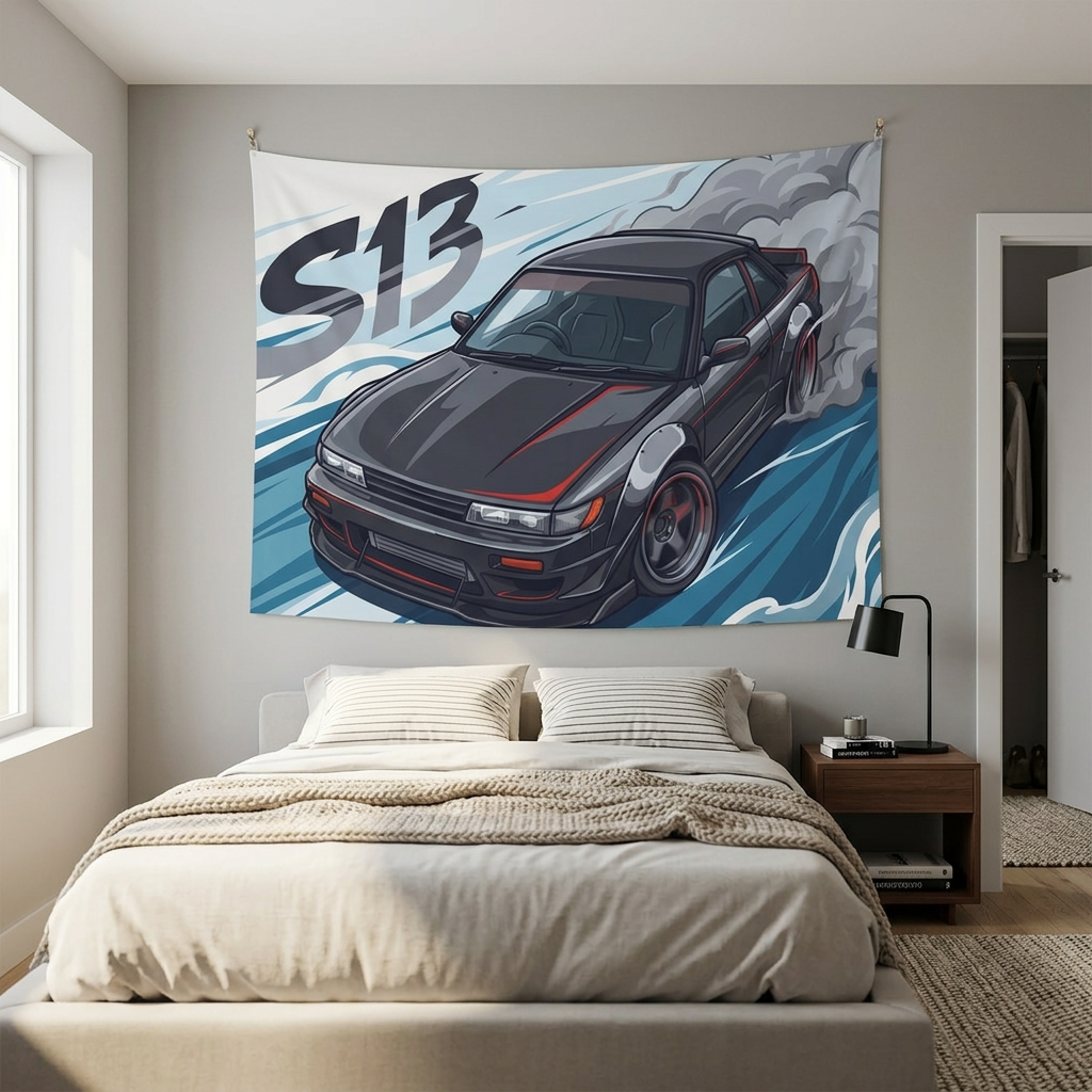 Nissan Silvia S13 Dark Grey Red Pinstripe Aerial Bold Graphic Car Wall Art Tapestry