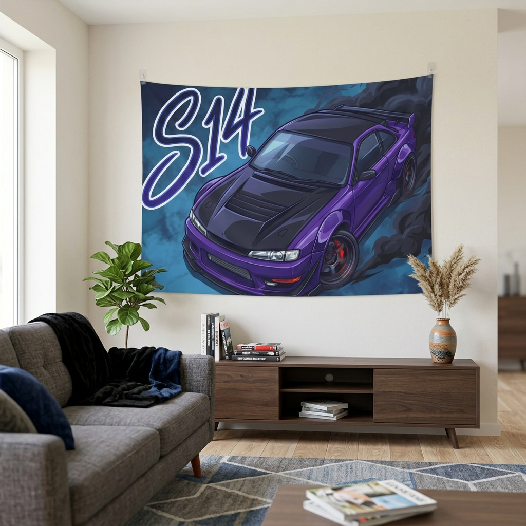 Nissan Silvia S14 Purple Widebody Black Bonnet Aerial Bold Graphic Car Wall Art Tapestry
