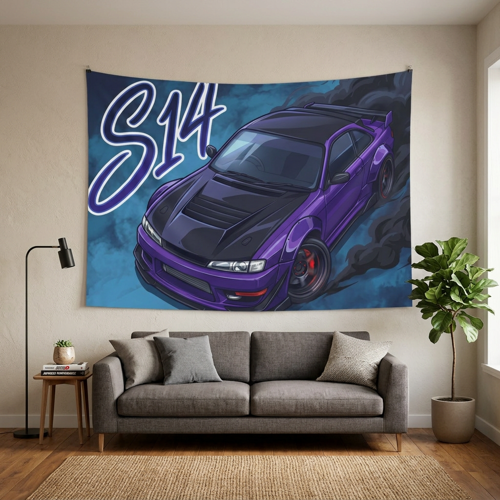 Nissan Silvia S14 Purple Widebody Black Bonnet Aerial Bold Graphic Car Wall Art Tapestry