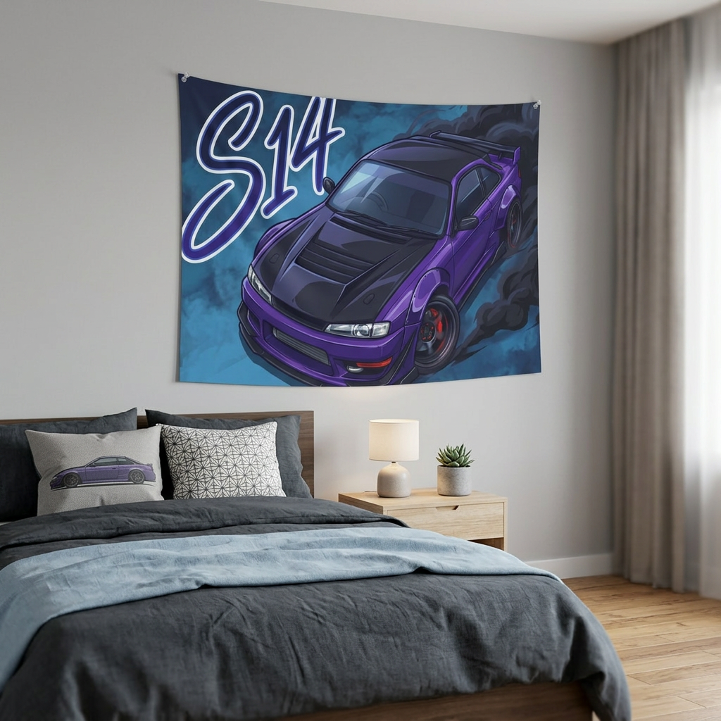 Nissan Silvia S14 Purple Widebody Black Bonnet Aerial Bold Graphic Car Wall Art Tapestry