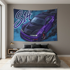 Nissan Silvia S14 Purple Widebody Black Bonnet Aerial Bold Graphic Car Wall Art Tapestry