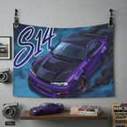 Nissan Silvia S14 Purple Widebody Black Bonnet Aerial Bold Graphic Car Wall Art Tapestry