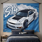Nissan Silvia S14 White Kouki Black Bonnet Widebody Bold Graphic Car Wall Art Tapestry