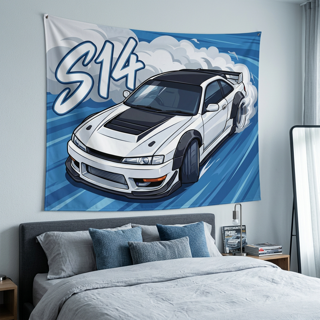 Nissan Silvia S14 White Kouki Black Bonnet Widebody Bold Graphic Car Wall Art Tapestry