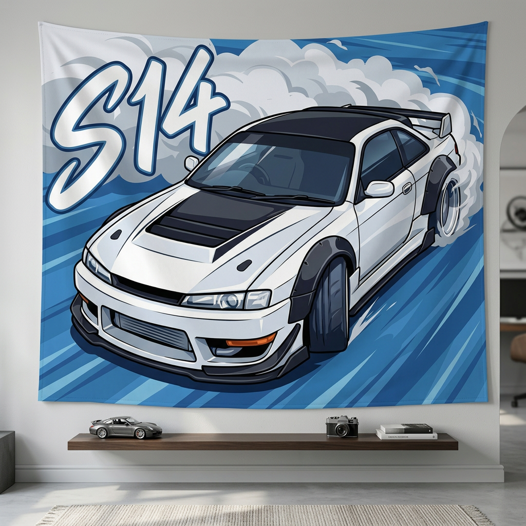 Nissan Silvia S14 White Kouki Black Bonnet Widebody Bold Graphic Car Wall Art Tapestry