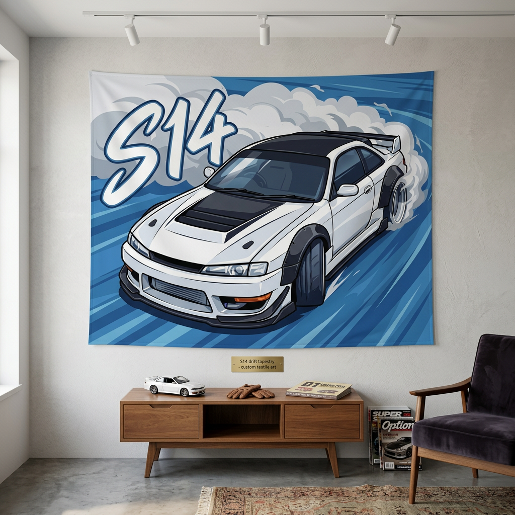 Nissan Silvia S14 White Kouki Black Bonnet Widebody Bold Graphic Car Wall Art Tapestry