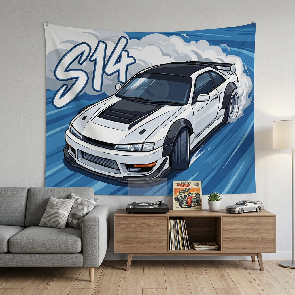 Nissan Silvia S14 White Kouki Black Bonnet Widebody Bold Graphic Car Wall Art Tapestry