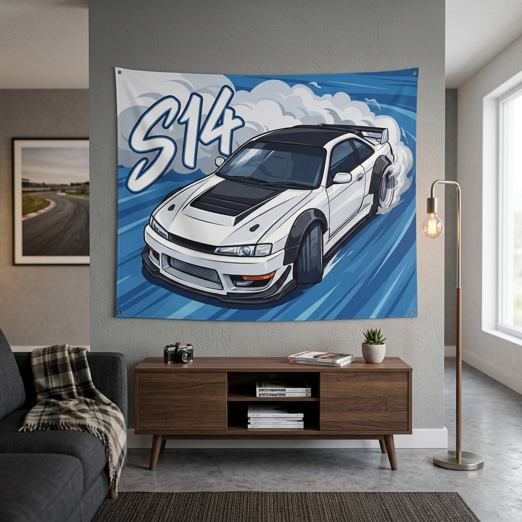 Nissan Silvia S14 White Kouki Black Bonnet Widebody Bold Graphic Car Wall Art Tapestry