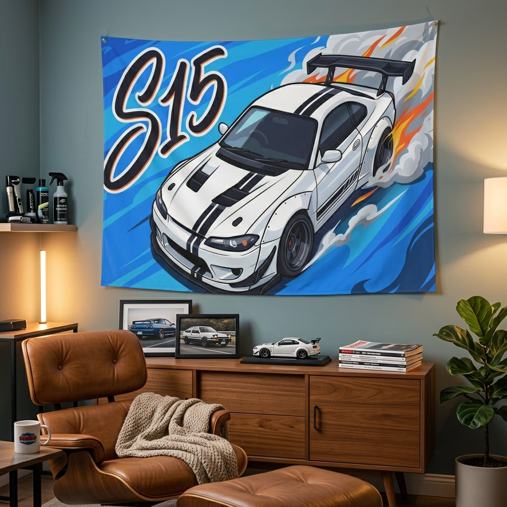 Nissan Silvia S15 White Black Stripe GT Wing Aerial Bold Graphic Car Wall Art Tapestry