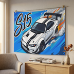 Nissan Silvia S15 White Black Stripe GT Wing Aerial Bold Graphic Car Wall Art Tapestry