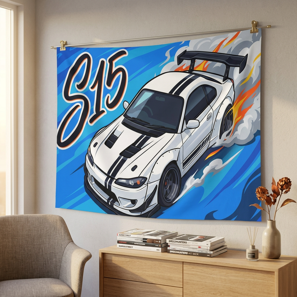 Nissan Silvia S15 White Black Stripe GT Wing Aerial Bold Graphic Car Wall Art Tapestry