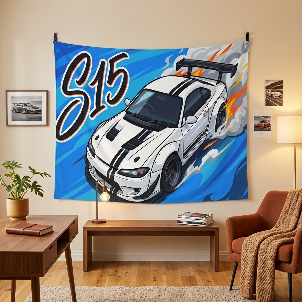 Nissan Silvia S15 White Black Stripe GT Wing Aerial Bold Graphic Car Wall Art Tapestry
