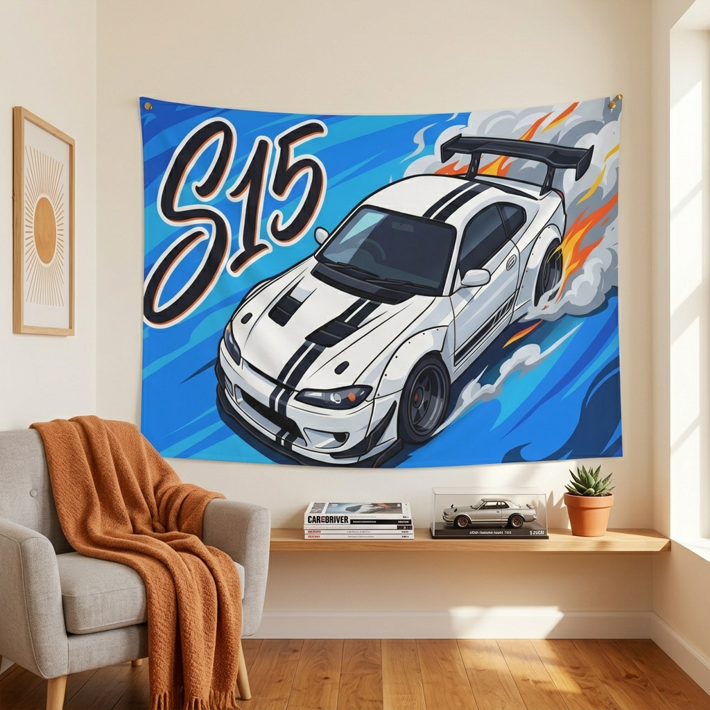 Nissan Silvia S15 White Black Stripe GT Wing Aerial Bold Graphic Car Wall Art Tapestry