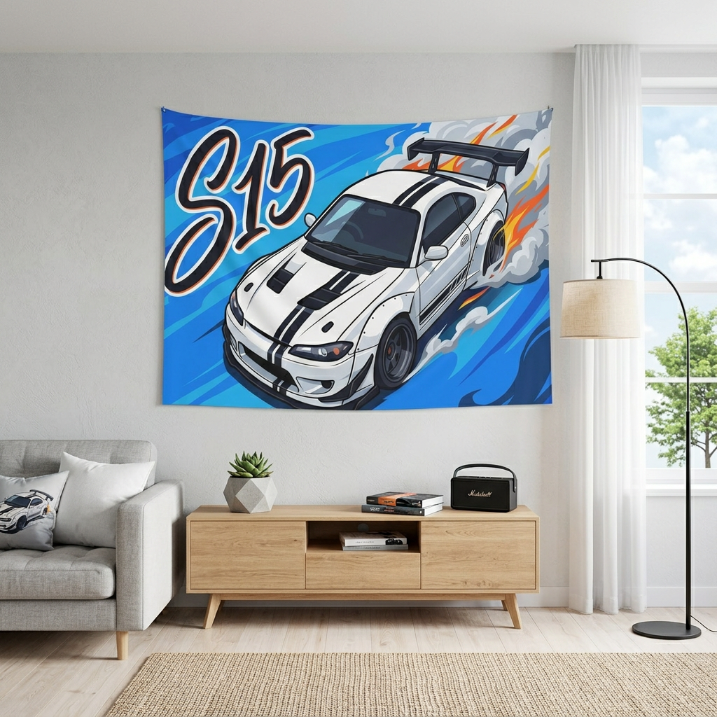 Nissan Silvia S15 White Black Stripe GT Wing Aerial Bold Graphic Car Wall Art Tapestry