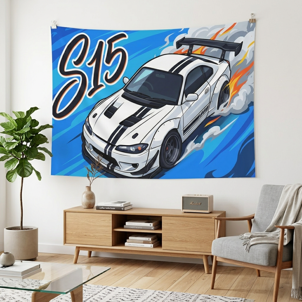 Nissan Silvia S15 White Black Stripe GT Wing Aerial Bold Graphic Car Wall Art Tapestry
