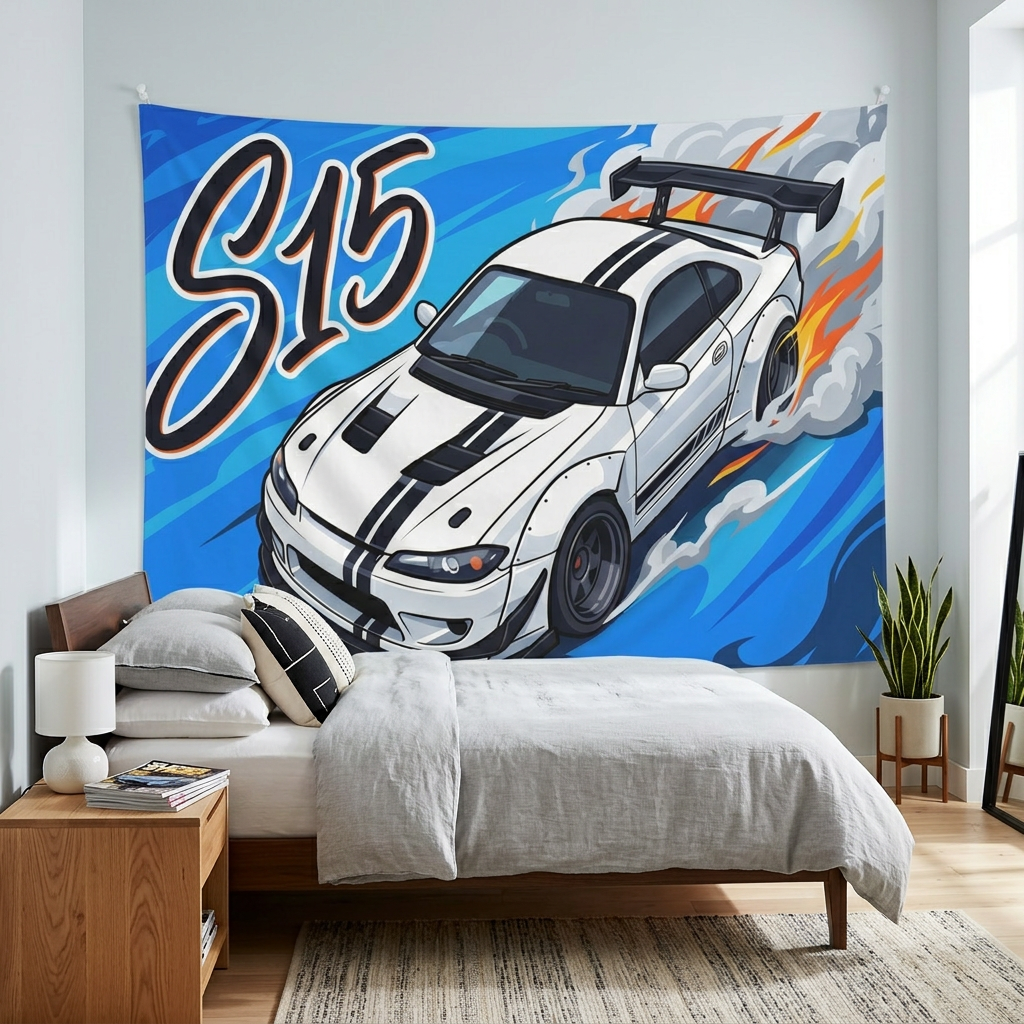 Nissan Silvia S15 White Black Stripe GT Wing Aerial Bold Graphic Car Wall Art Tapestry