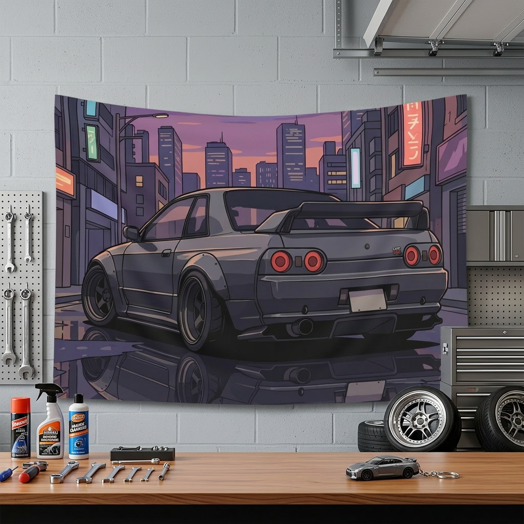 Nissan Skyline GT-R R32 JDM Cityscape Car Wall Art Tapestry