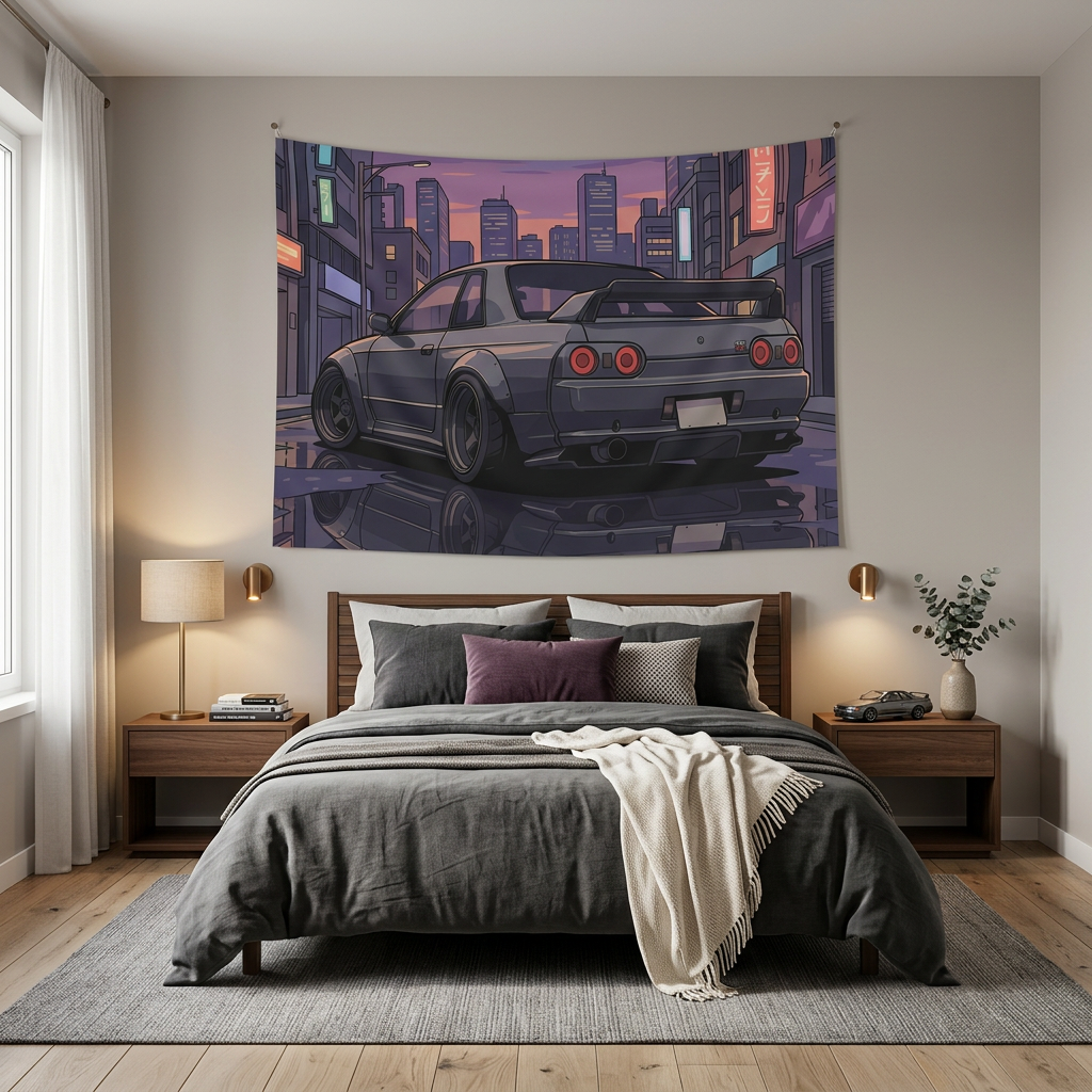 Nissan Skyline GT-R R32 JDM Cityscape Car Wall Art Tapestry