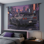 Nissan Skyline GT-R R32 JDM Cityscape Car Wall Art Tapestry