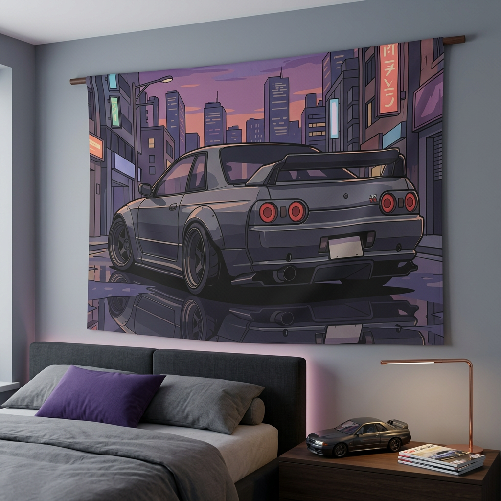 Nissan Skyline GT-R R32 JDM Cityscape Car Wall Art Tapestry