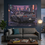 Nissan Skyline GT-R R32 JDM Cityscape Car Wall Art Tapestry