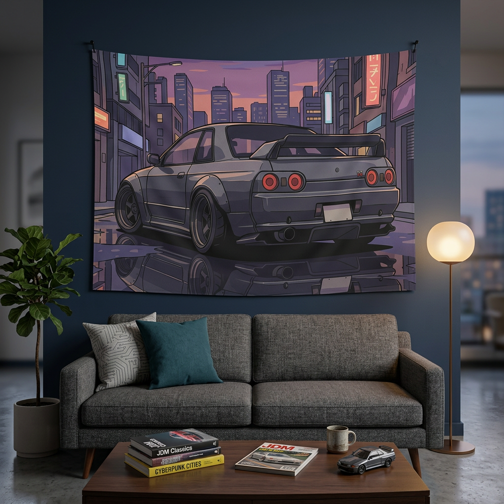 Nissan Skyline GT-R R32 JDM Cityscape Car Wall Art Tapestry