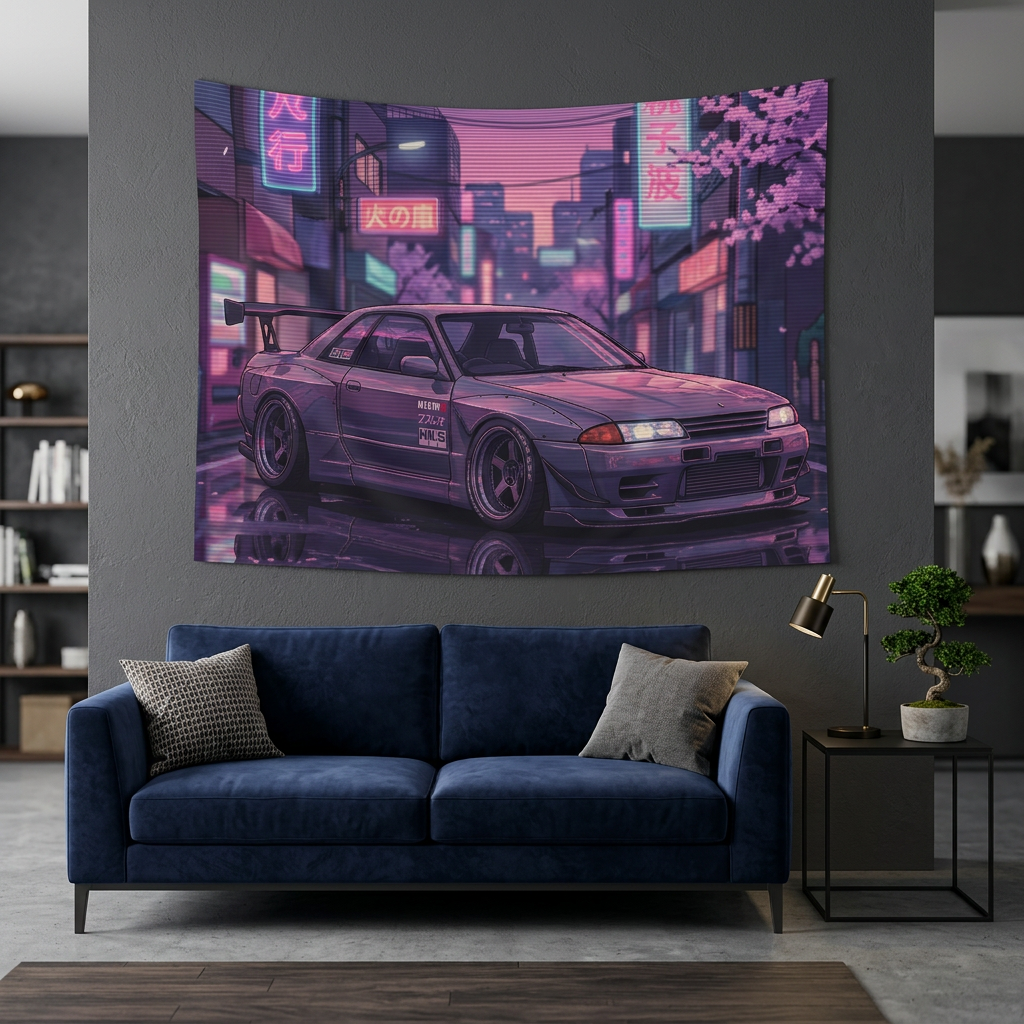 Nissan Skyline GT-R R32 JDM Neon Car Wall Art Tapestry
