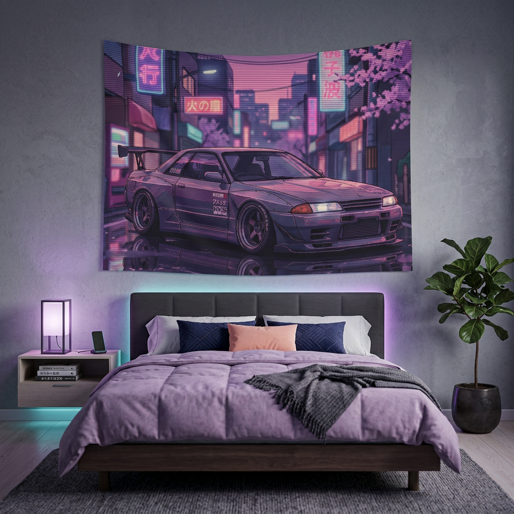 Nissan Skyline GT-R R32 JDM Neon Car Wall Art Tapestry