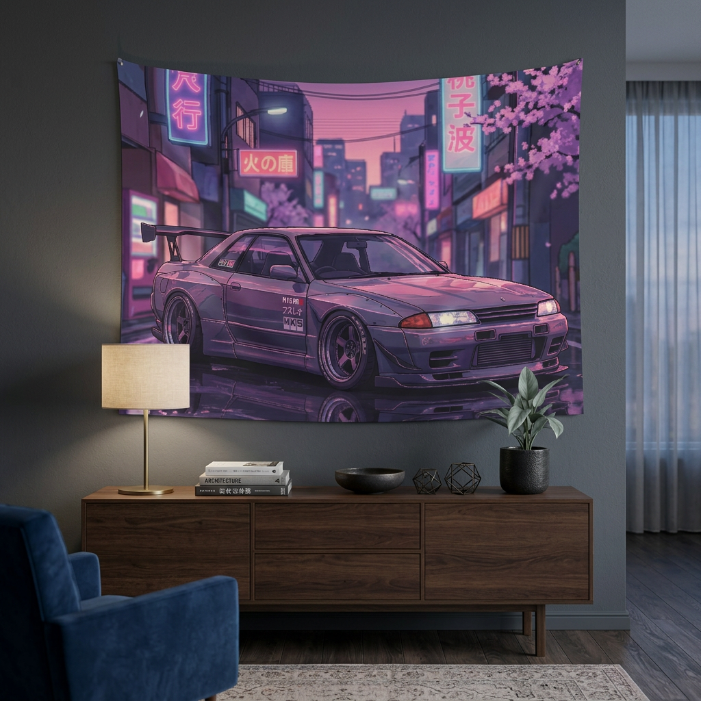Nissan Skyline GT-R R32 JDM Neon Car Wall Art Tapestry