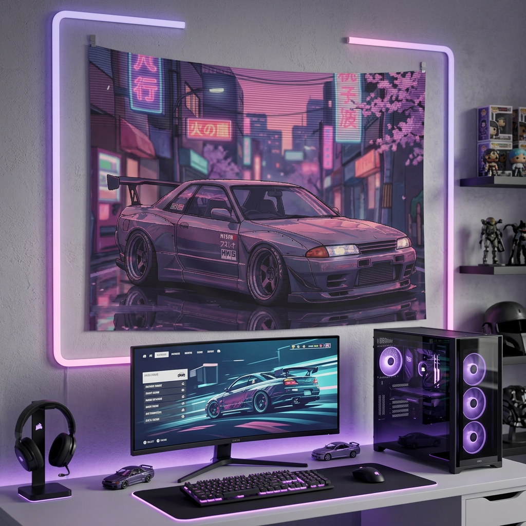 Nissan Skyline GT-R R32 JDM Neon Car Wall Art Tapestry
