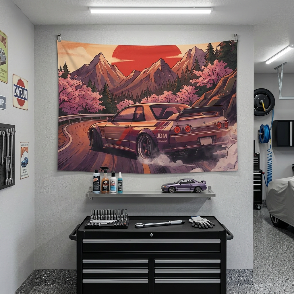 Nissan Skyline GT-R R32 JDM Sunset Mountain Car Wall Art Tapestry