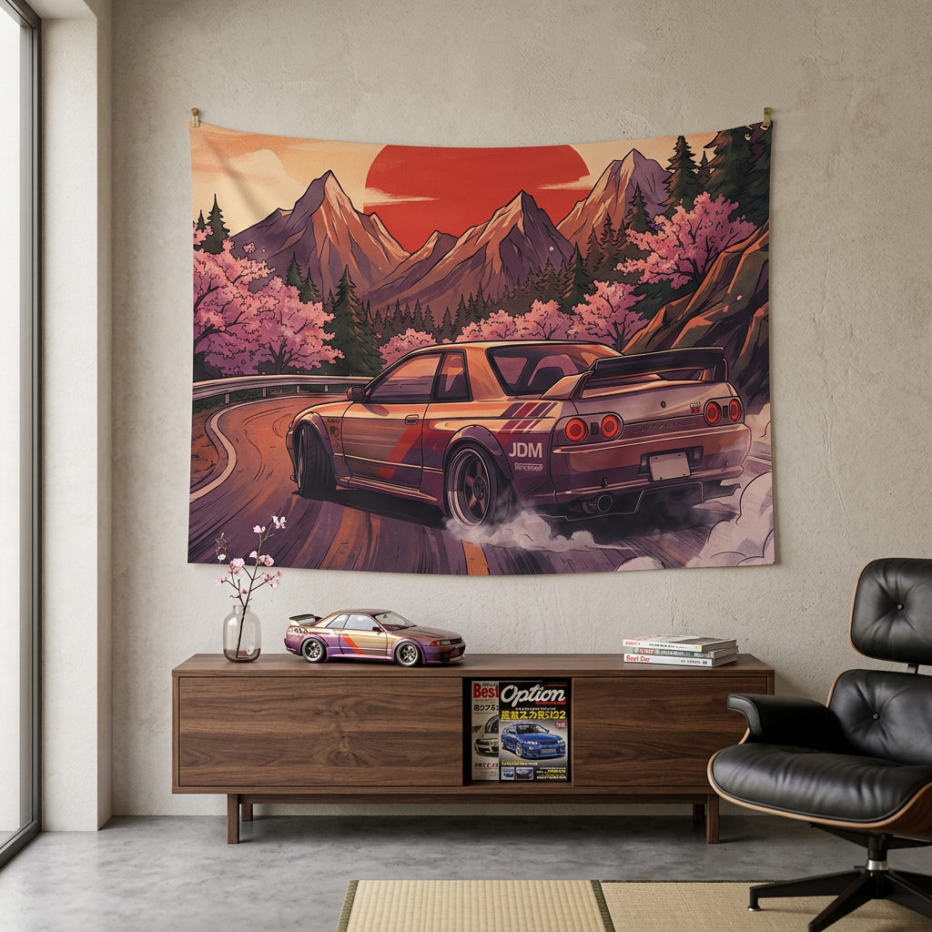 Nissan Skyline GT-R R32 JDM Sunset Mountain Car Wall Art Tapestry