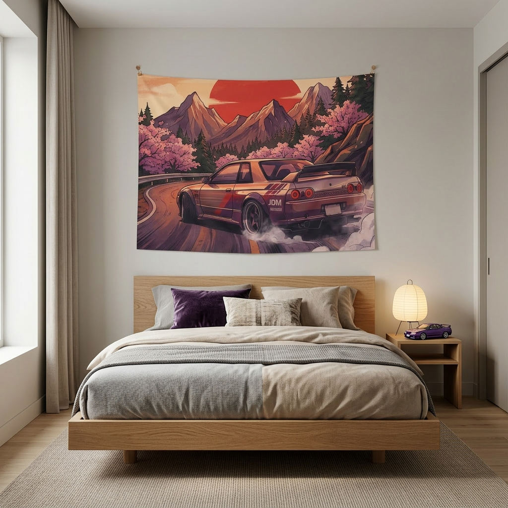 Nissan Skyline GT-R R32 JDM Sunset Mountain Car Wall Art Tapestry