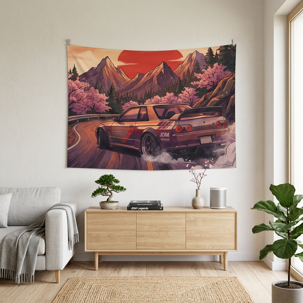 Nissan Skyline GT-R R32 JDM Sunset Mountain Car Wall Art Tapestry