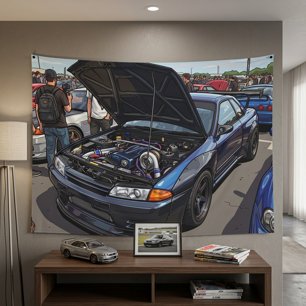 Nissan Skyline GT-R R32 RB26 Turbo Engine Bay JDM Car Meet Wall Art Tapestry