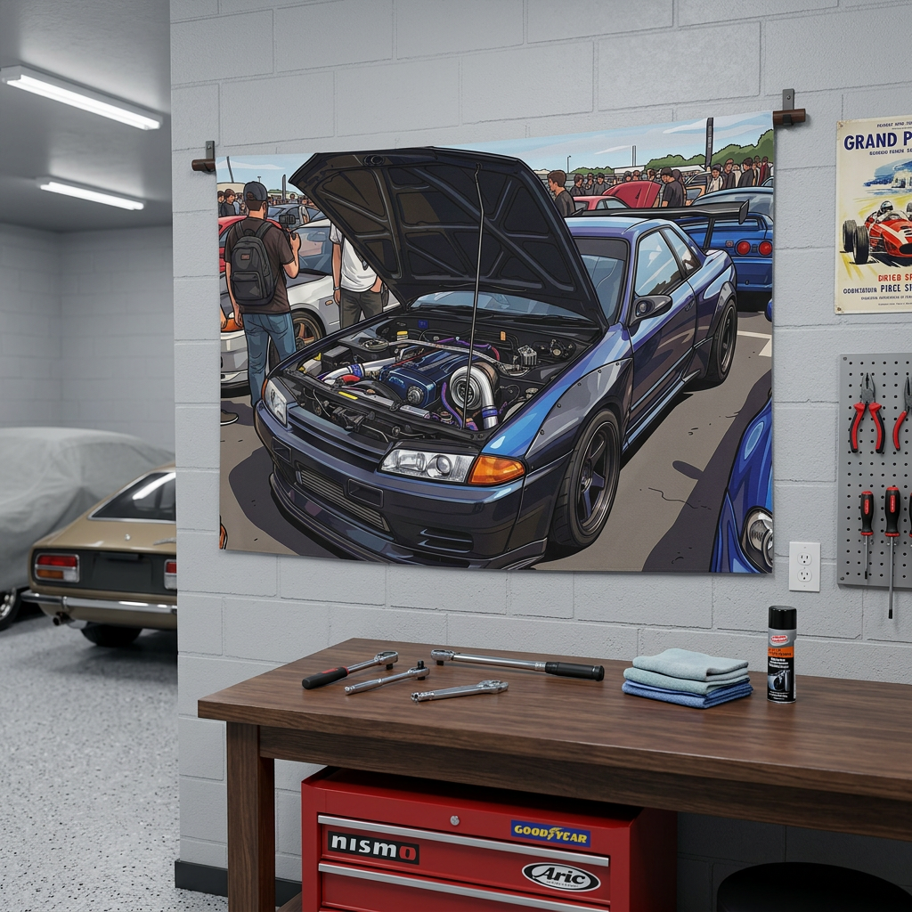 Nissan Skyline GT-R R32 RB26 Turbo Engine Bay JDM Car Meet Wall Art Tapestry