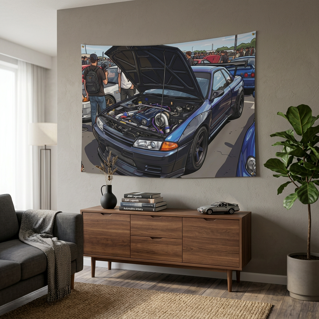 Nissan Skyline GT-R R32 RB26 Turbo Engine Bay JDM Car Meet Wall Art Tapestry