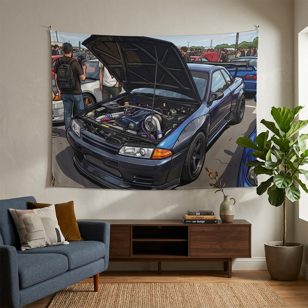 Nissan Skyline GT-R R32 RB26 Turbo Engine Bay JDM Car Meet Wall Art Tapestry