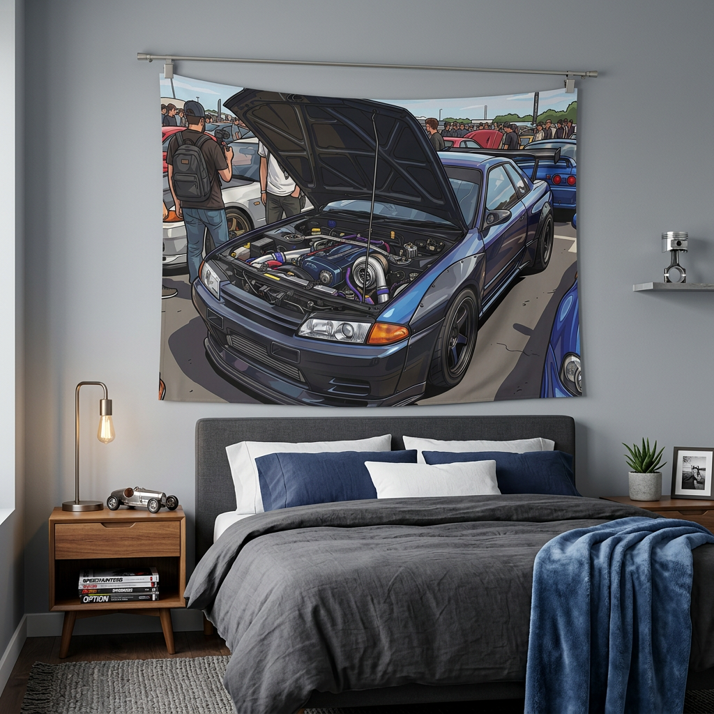 Nissan Skyline GT-R R32 RB26 Turbo Engine Bay JDM Car Meet Wall Art Tapestry